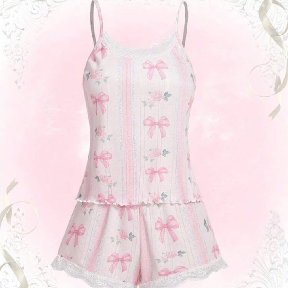 ROMWE Kawaii Bow Print Lettuce Trim PJ Set